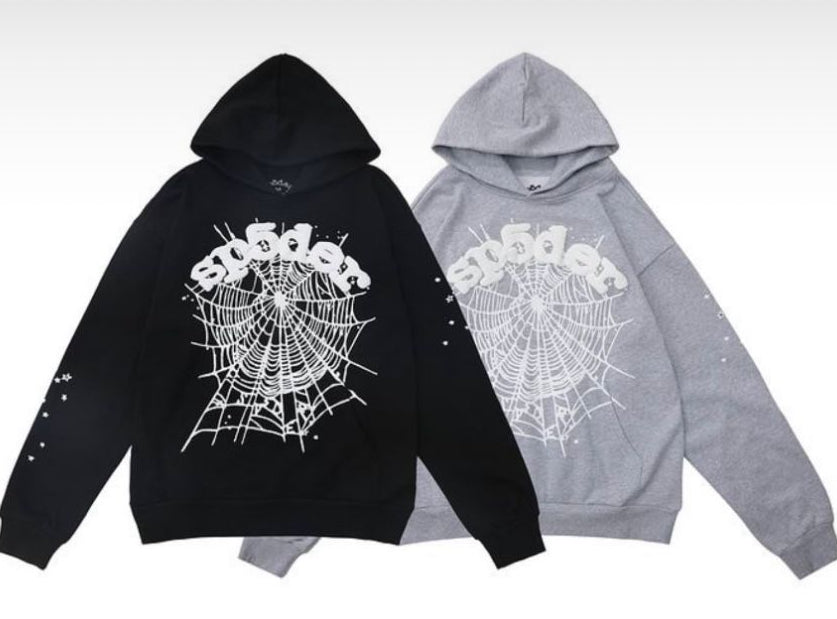 SUDADERA CON CAPUCHA SP5DER OG WEB EN COLOR NEGRO Y GRIS JASPEADO